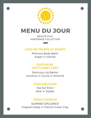 Example of MENU DU JOUR for a workshop - Beauté Chic- handmade collection by Mademoiselle Organic